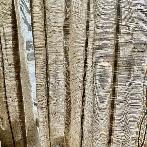 Vintage 1970s pleated curtains, beige & blue striped, pair of woven panels - Picture 3 of 9